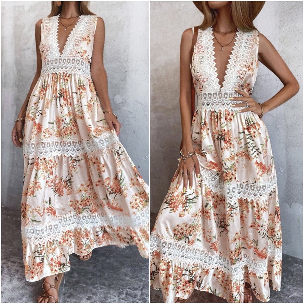 Boho Lace V neck Ruffle Maxi Dress Sleeveless - Picture 2 of 6